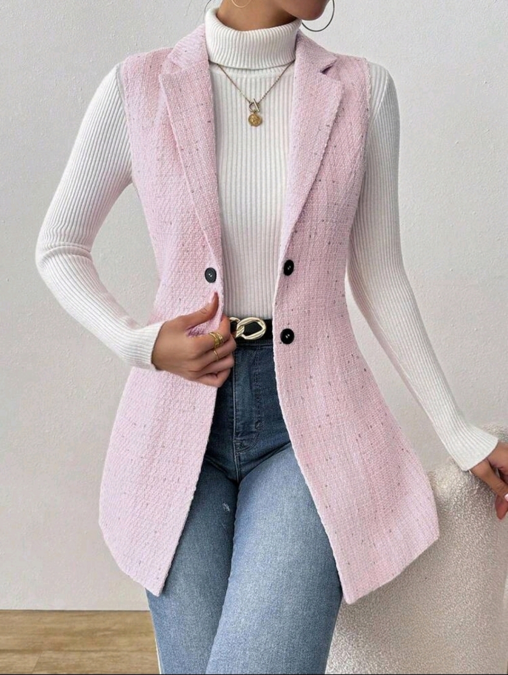 Light Pink Tweed Sleeveless Blazer Vest